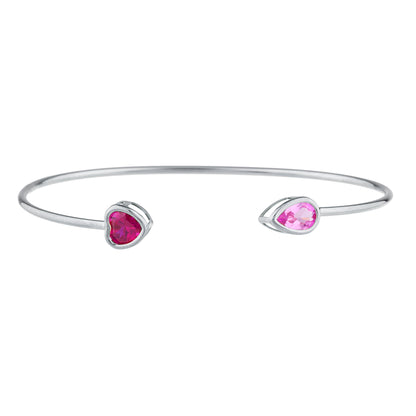 14Kt Gold Created Ruby Heart & Pink Sapphire Pear Bezel Bangle Bracelet