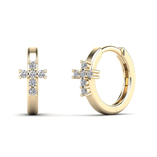 14Kt Yellow Gold 0.12 Ct Genuine Natural Diamond Cross Huggie Earrings