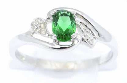 0.50 Ct Created Emerald & Diamond Oval Ring .925 Sterling Silver Rhodium Finish