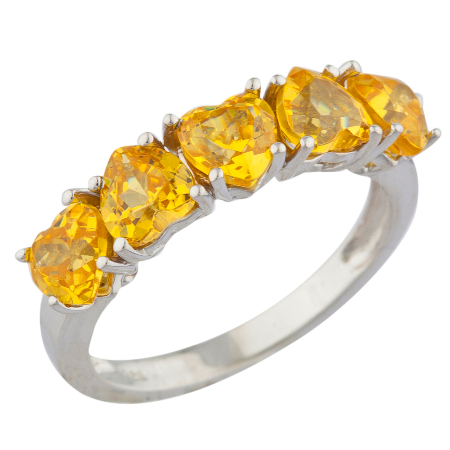 5 Hearts Citrine Heart Ring .925 Sterling Silver Rhodium Finish