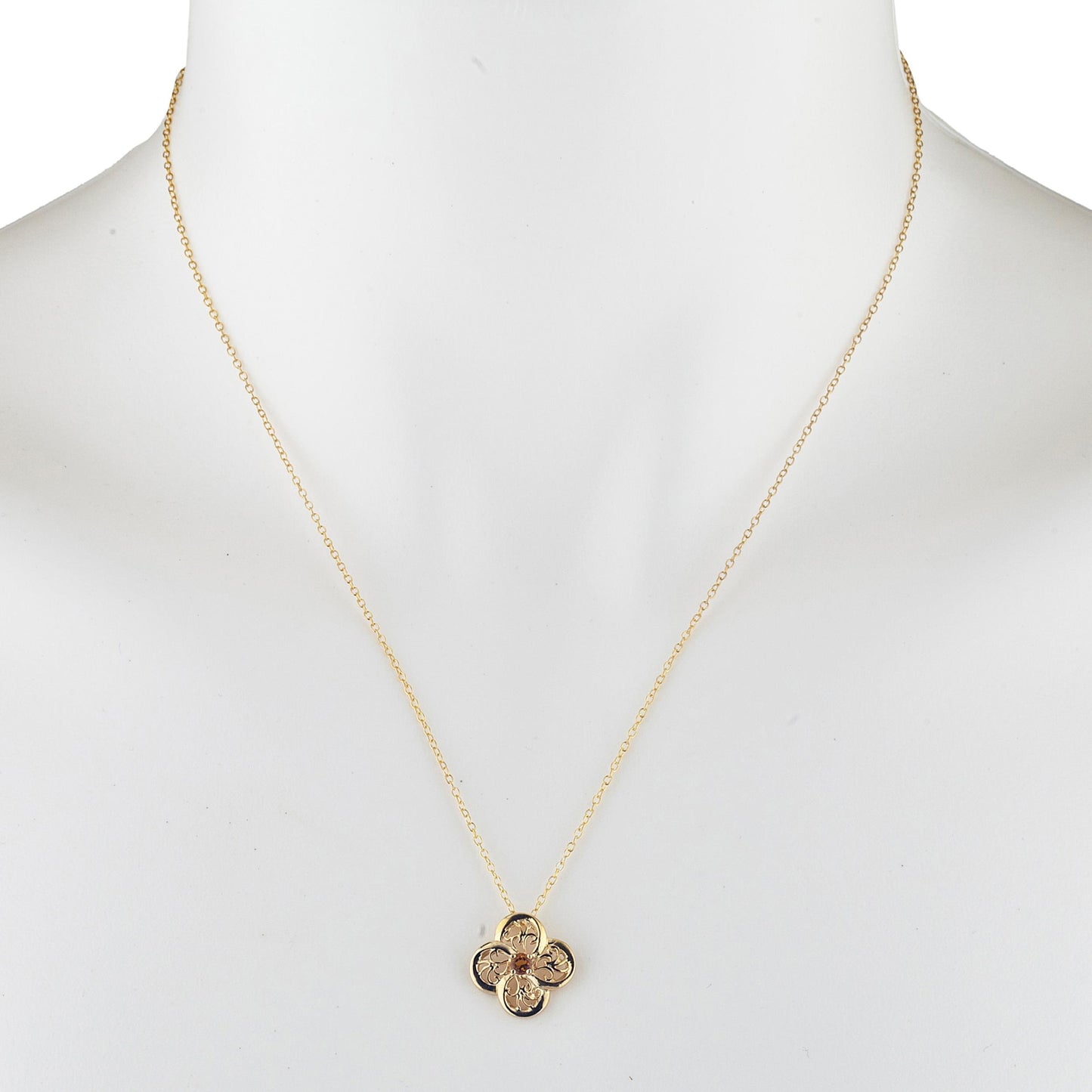 14Kt Gold Orange Citrine Clover Design Pendant Necklace