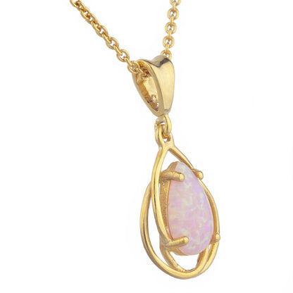 14Kt Gold Pink Opal Pear Teardrop Design Pendant Necklace