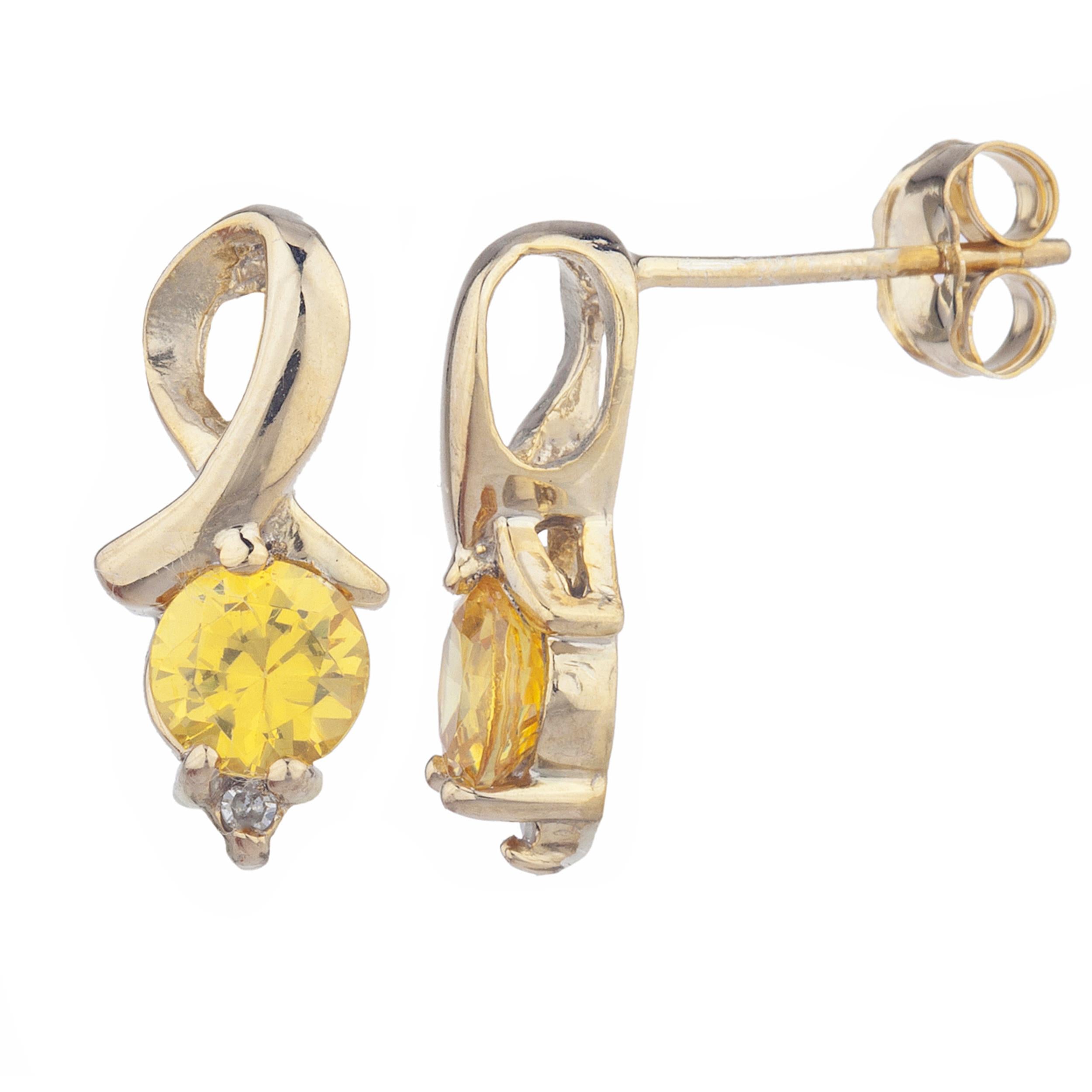 14Kt Gold Yellow Citrine & Diamond Round Design Stud Earrings