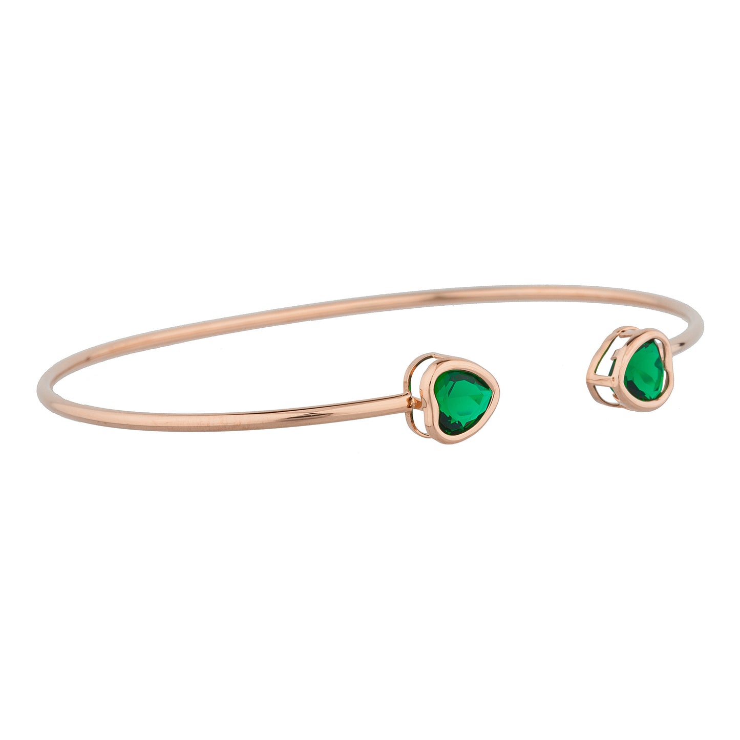 14Kt Rose Gold Plated Emerald Heart Bezel Bangle Bracelet