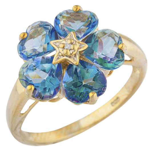 14Kt Gold Natural Blue Mystic Topaz & Diamond Heart Flower Design Ring