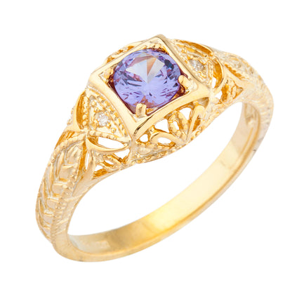 14Kt Gold Alexandrite & Diamond Design Round Ring