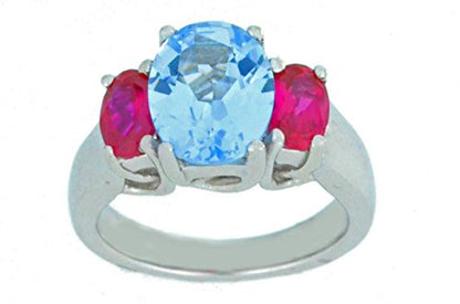 4 Ct Blue Topaz & Created Ruby Oval Ring .925 Sterling Silver Rhodium Finish