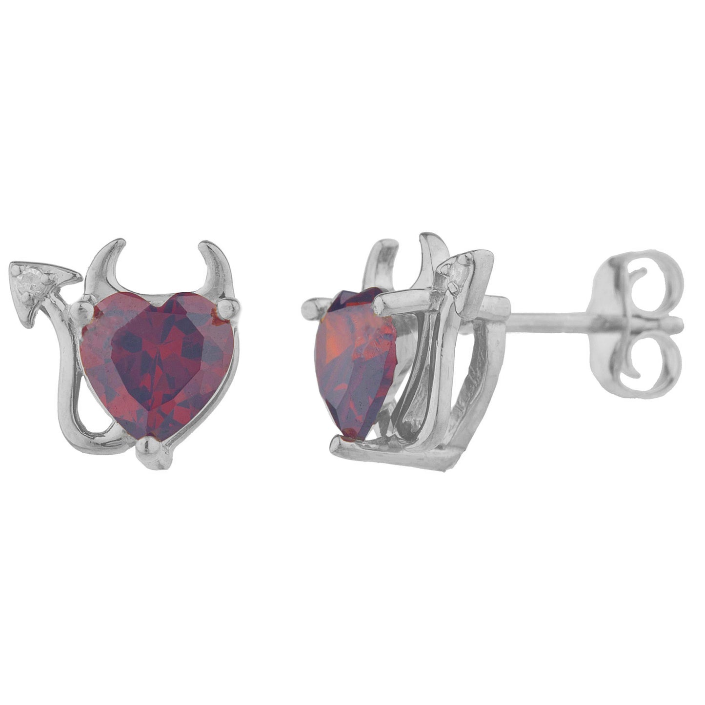 14Kt Gold Garnet & Diamond Devil Heart Stud Earrings