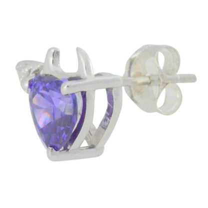 Amethyst & Diamond Devil Heart Stud Earrings .925 Sterling Silver