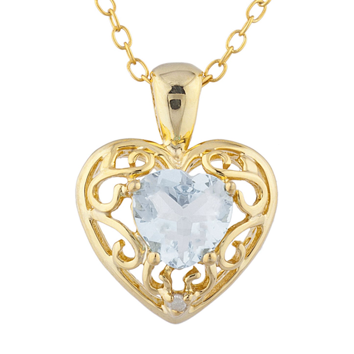 14Kt Yellow Gold Plated Genuine Aquamarine & Diamond Love Design Heart Pendant