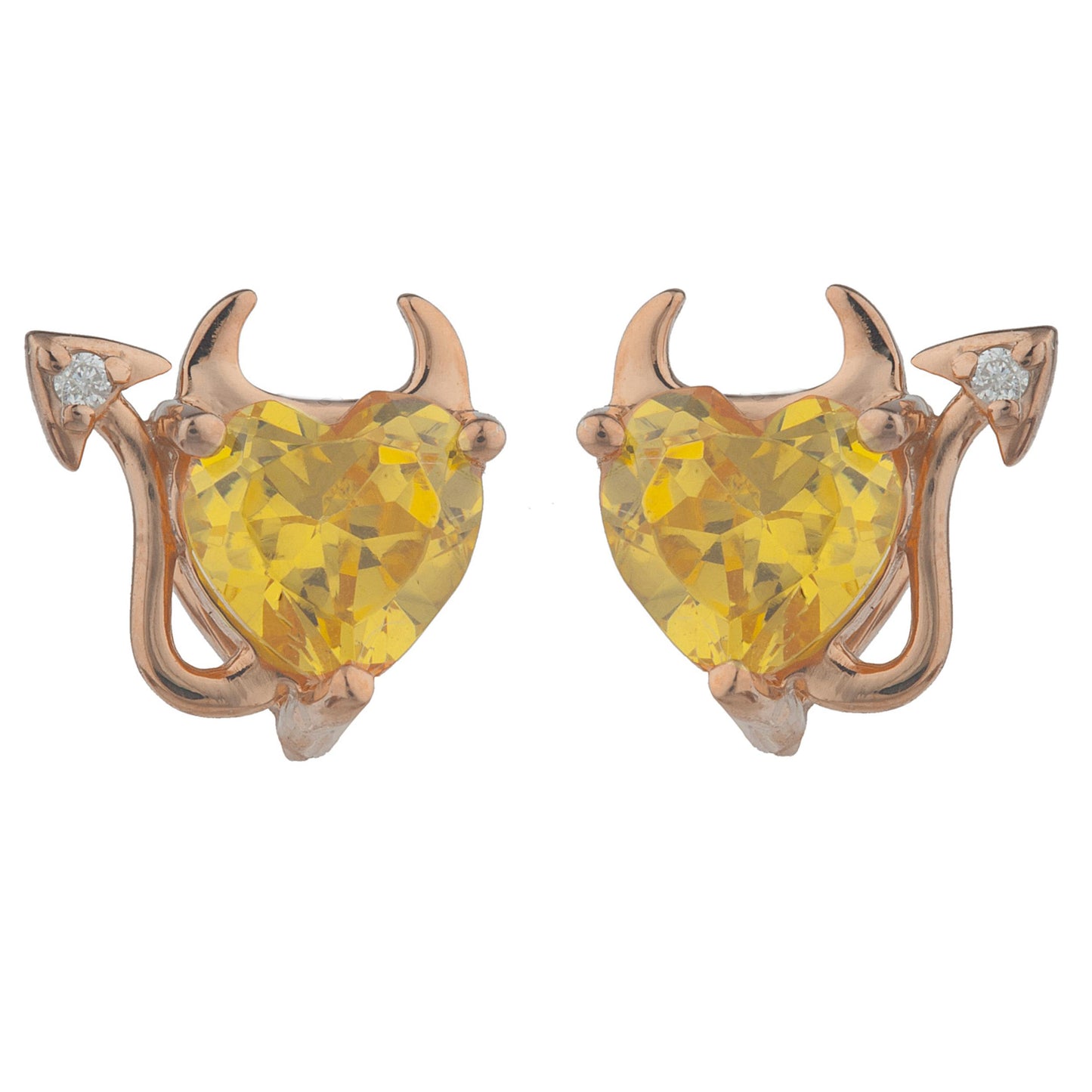 Yellow Citrine & Diamond Devil Heart Stud Earrings 14Kt Rose Gold Plated