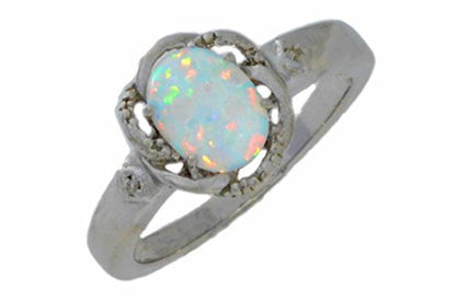 8x6mm Opal & Diamond Oval Ring .925 Sterling Silver Rhodium Finish