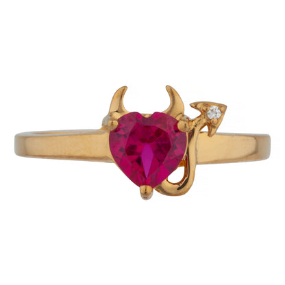 Created Ruby & Diamond Devil Heart Ring 14Kt Yellow Gold Rose Gold Silver