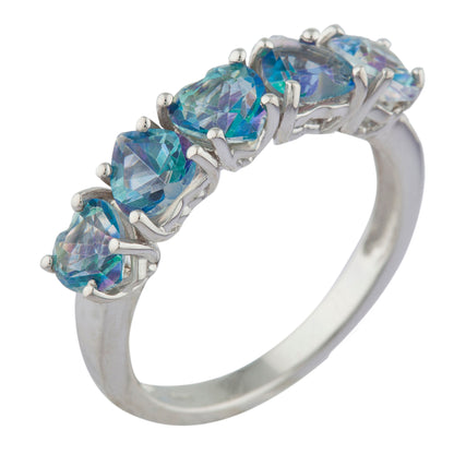 5 Hearts Genuine Blue Mystic Topaz Heart Ring .925 Sterling Silver Rhodium Finish