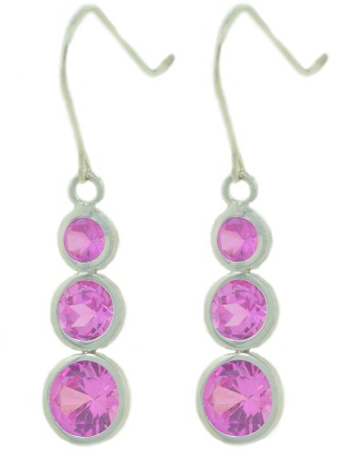 3 Bezel Pink Sapphire Dangle Earrings .925 Sterling Silver