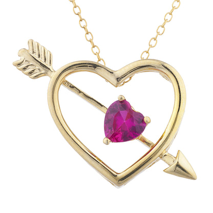 14Kt Gold Created Ruby Heart Bow & Arrow Pendant Necklace