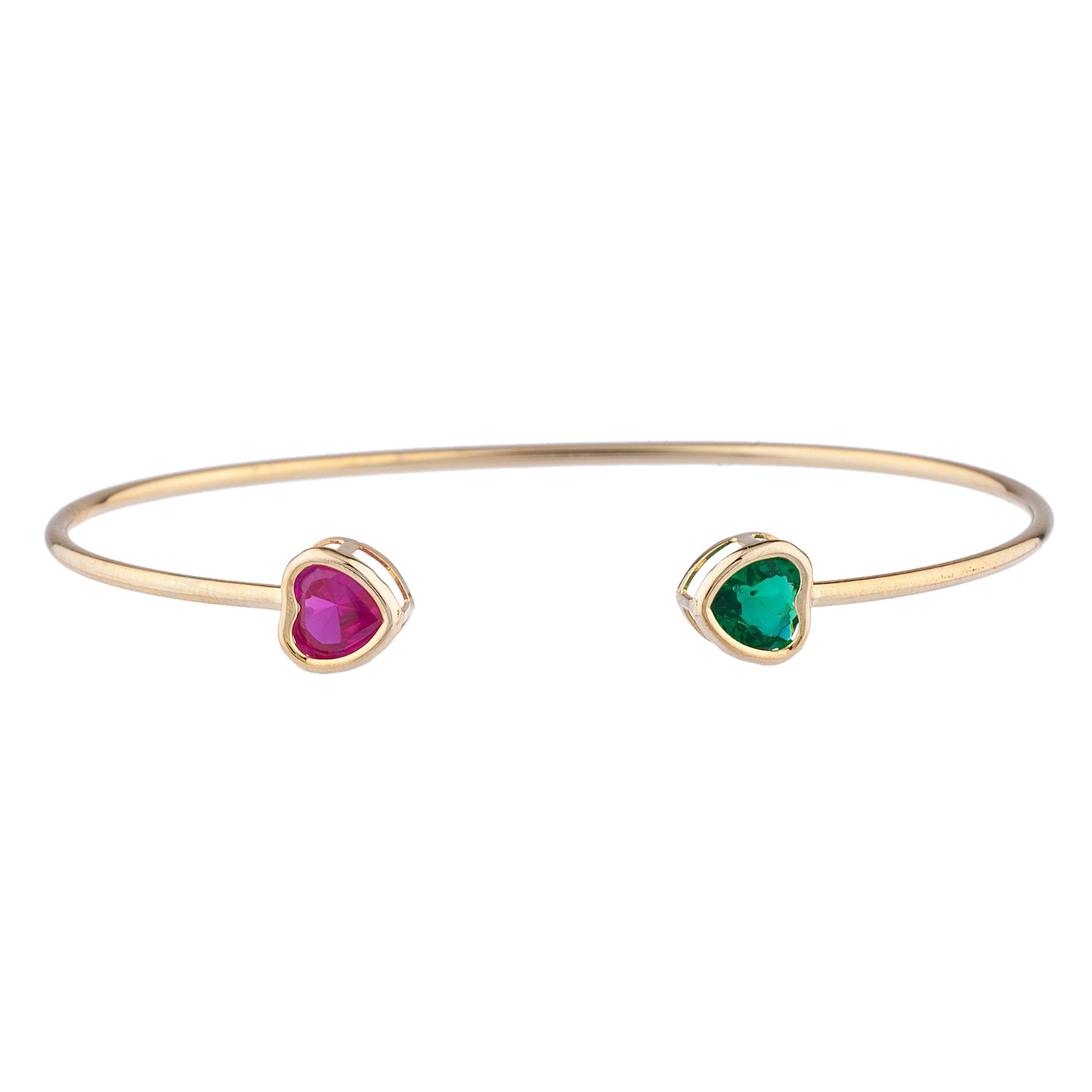 Created Ruby & Emerald Heart Bezel Bangle Bracelet 14Kt Yellow Gold Plated Over .925 Sterling Silver