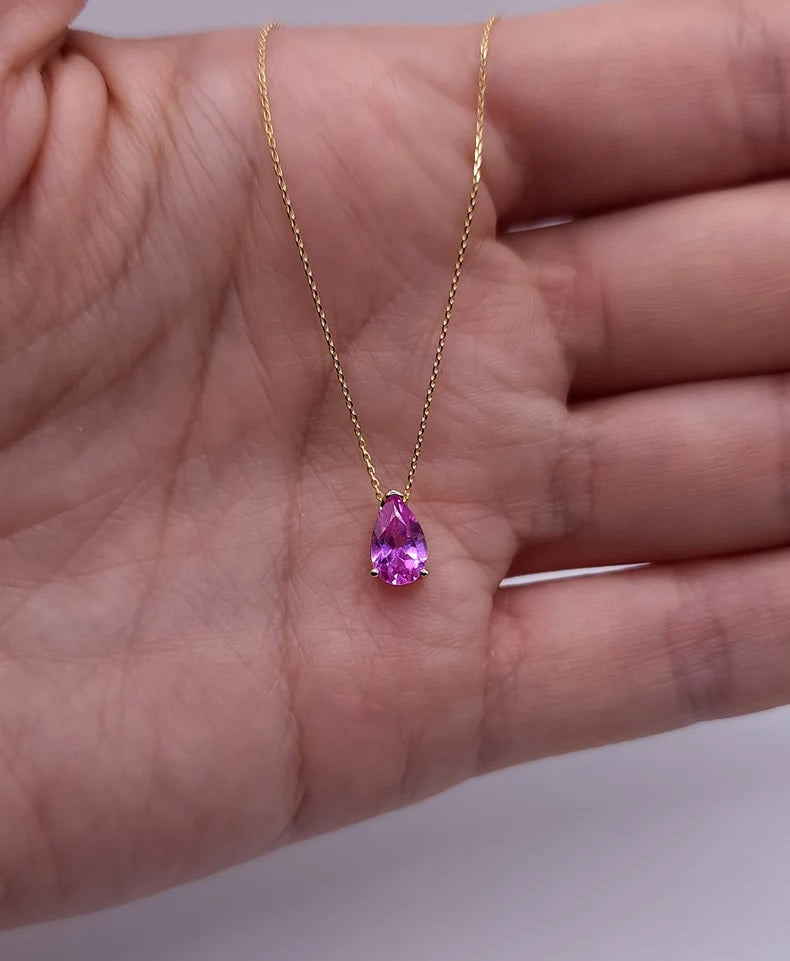 14Kt Gold Pink Sapphire Teardrop Necklace Pendant