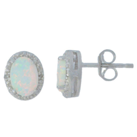 14Kt White Gold Genuine Opal & Diamond Oval Stud Earrings