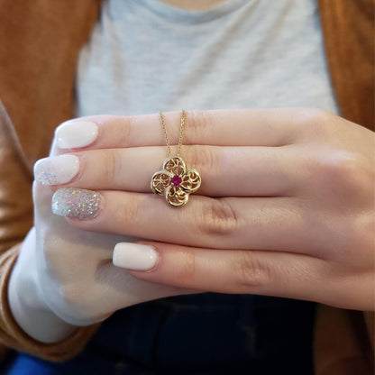 14Kt Gold Created Ruby Clover Design Pendant Necklace