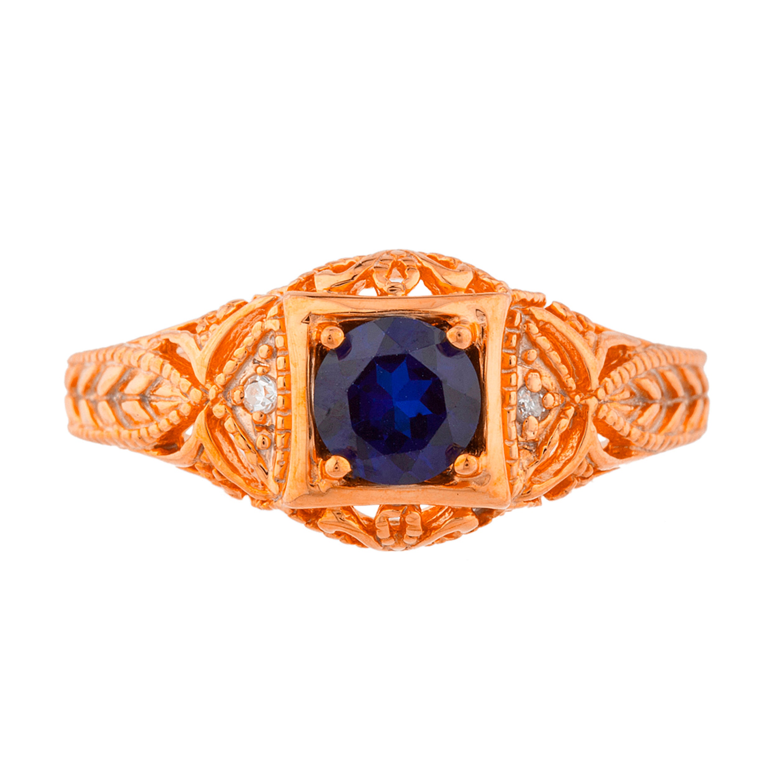 14Kt Gold Blue Sapphire & Diamond Design Round Ring