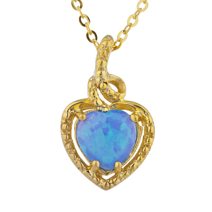 14Kt Gold Blue Opal Heart Design Pendant Necklace