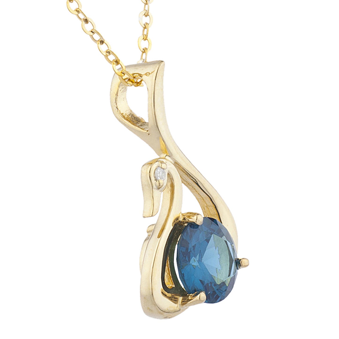 14Kt Yellow Gold Plated London Blue Topaz & Diamond Swan Pendant