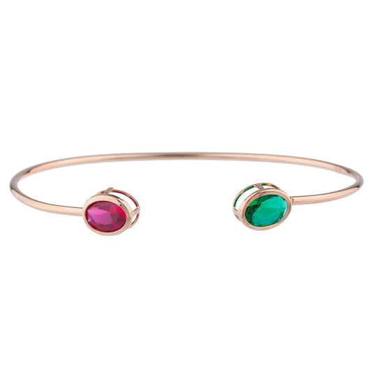 Created Ruby & Emerald Oval Bezel Bangle Bracelet 14Kt Rose Gold Plated Over .925 Sterling Silver