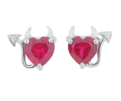 Created Ruby & Diamond Devil Heart Stud Earrings 14Kt White Gold