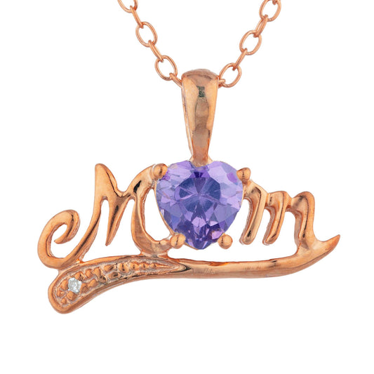 14Kt Rose Gold Plated Amethyst & Diamond Heart Mom Pendant