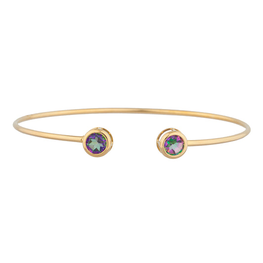 14Kt Yellow Gold Plated Natural Mystic Topaz Round Bezel Bangle Bracelet