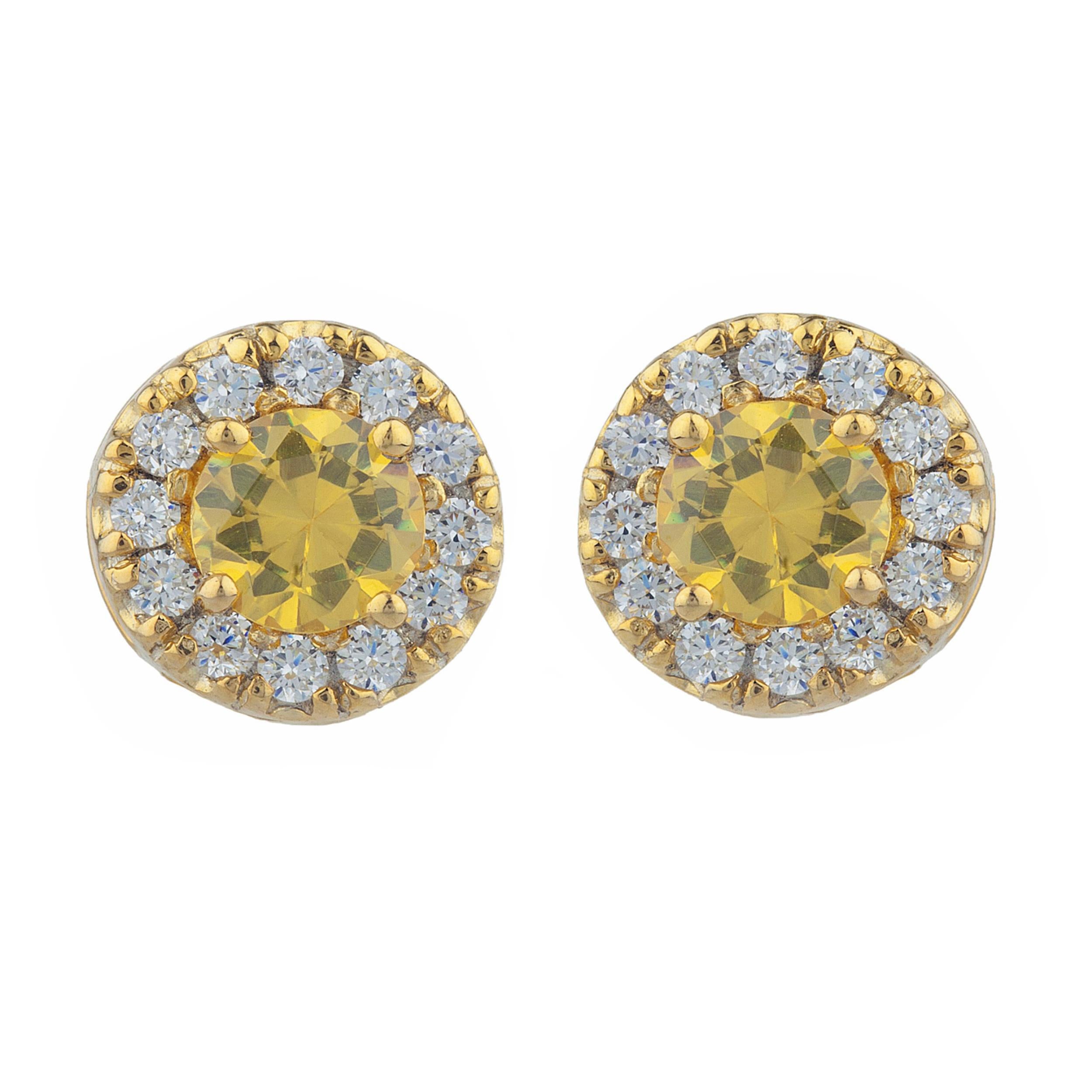 14Kt Gold 1 Ct Yellow Citrine Halo Design Stud Earrings