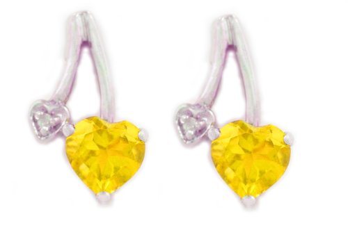 1 Ct Yellow Citrine Heart & Diamond Stud Earrings .925 Sterling Silver