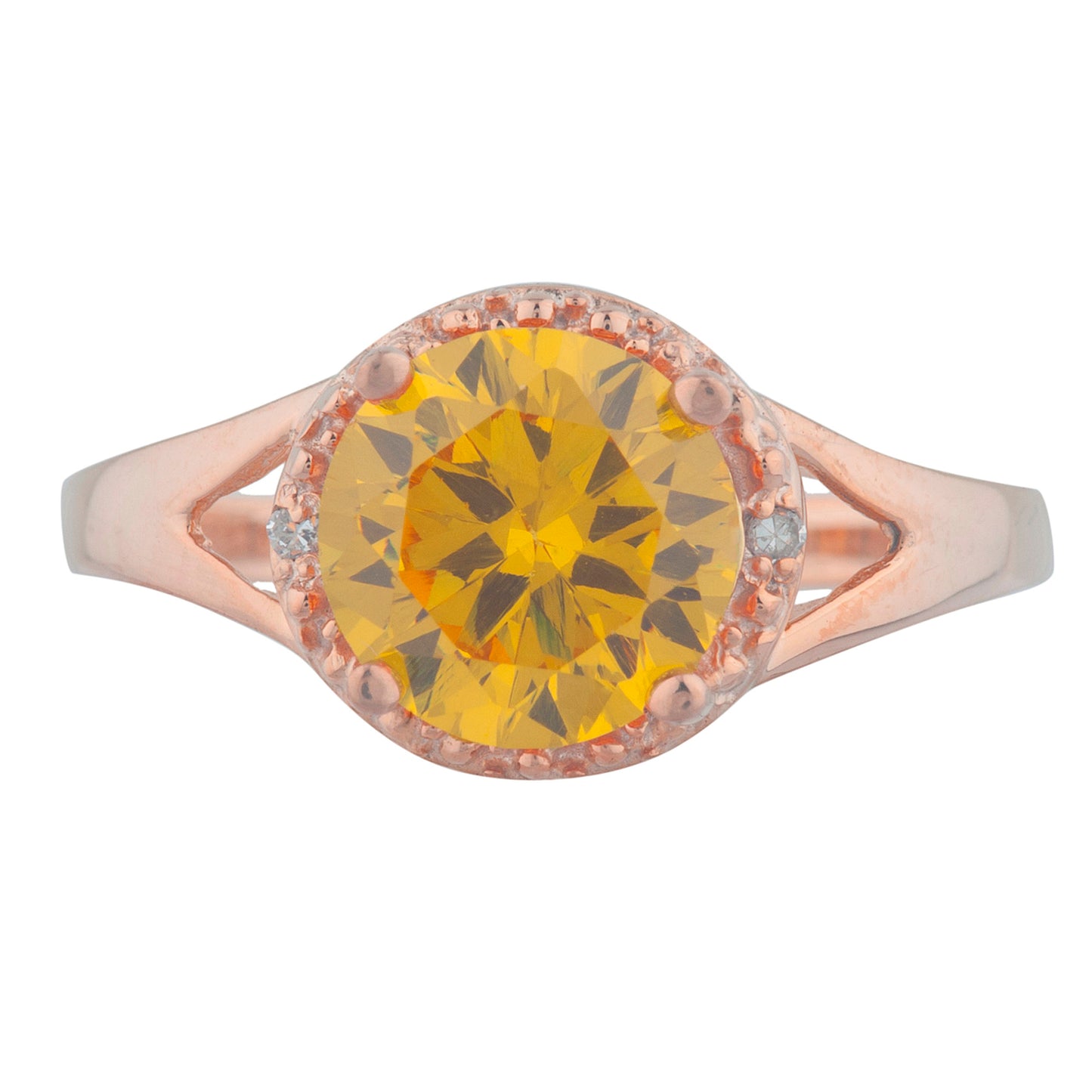 14Kt Gold 2 Ct Yellow Citrine & Diamond Halo Design Round Ring