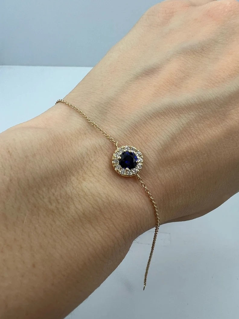 14Kt Gold Blue Sapphire Halo Bracelet