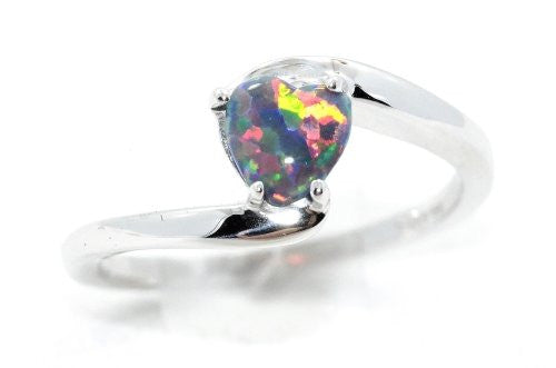 6mm Black Opal Heart Ring .925 Sterling Silver Rhodium Finish