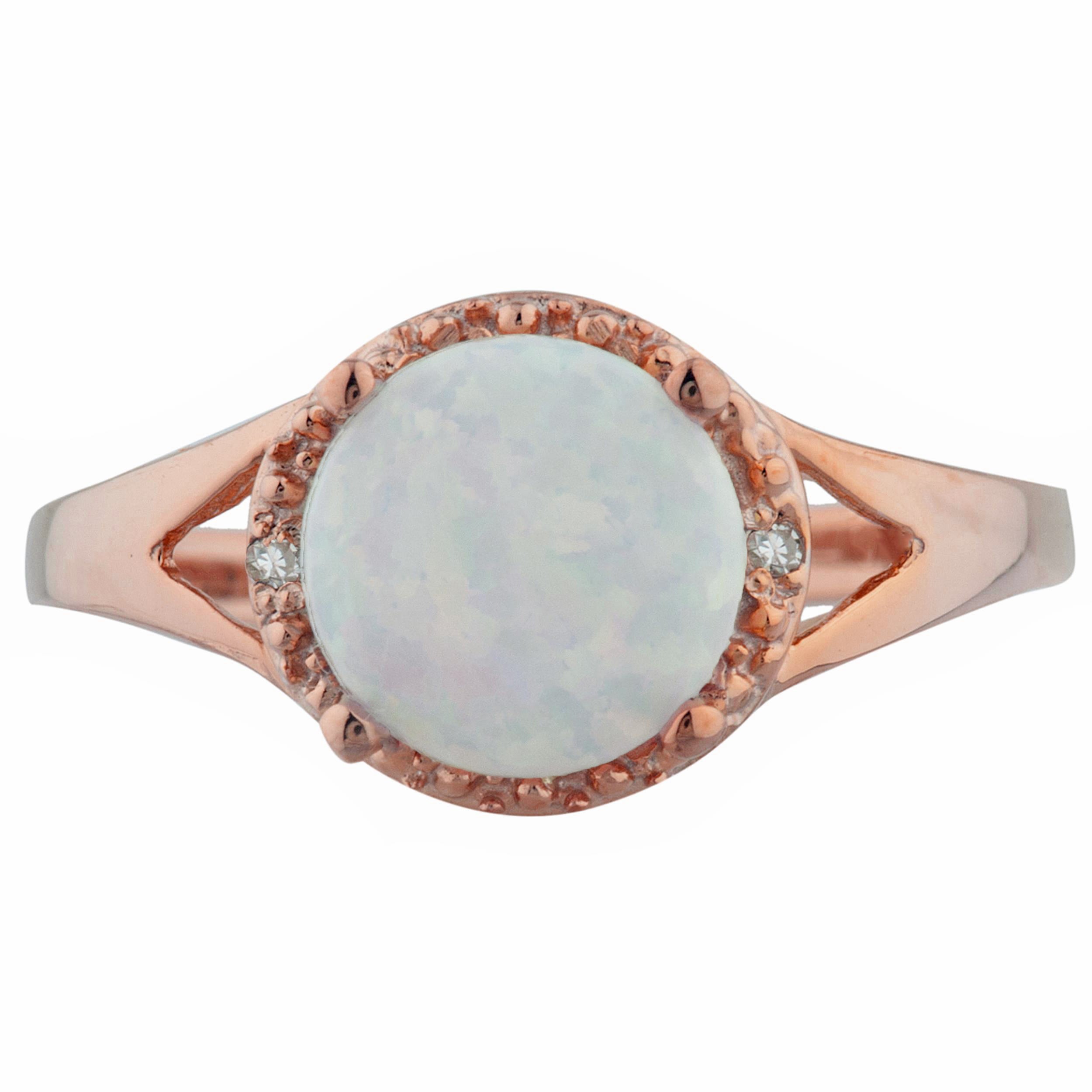 14Kt Gold Genuine Opal & Diamond Halo Design Round Ring