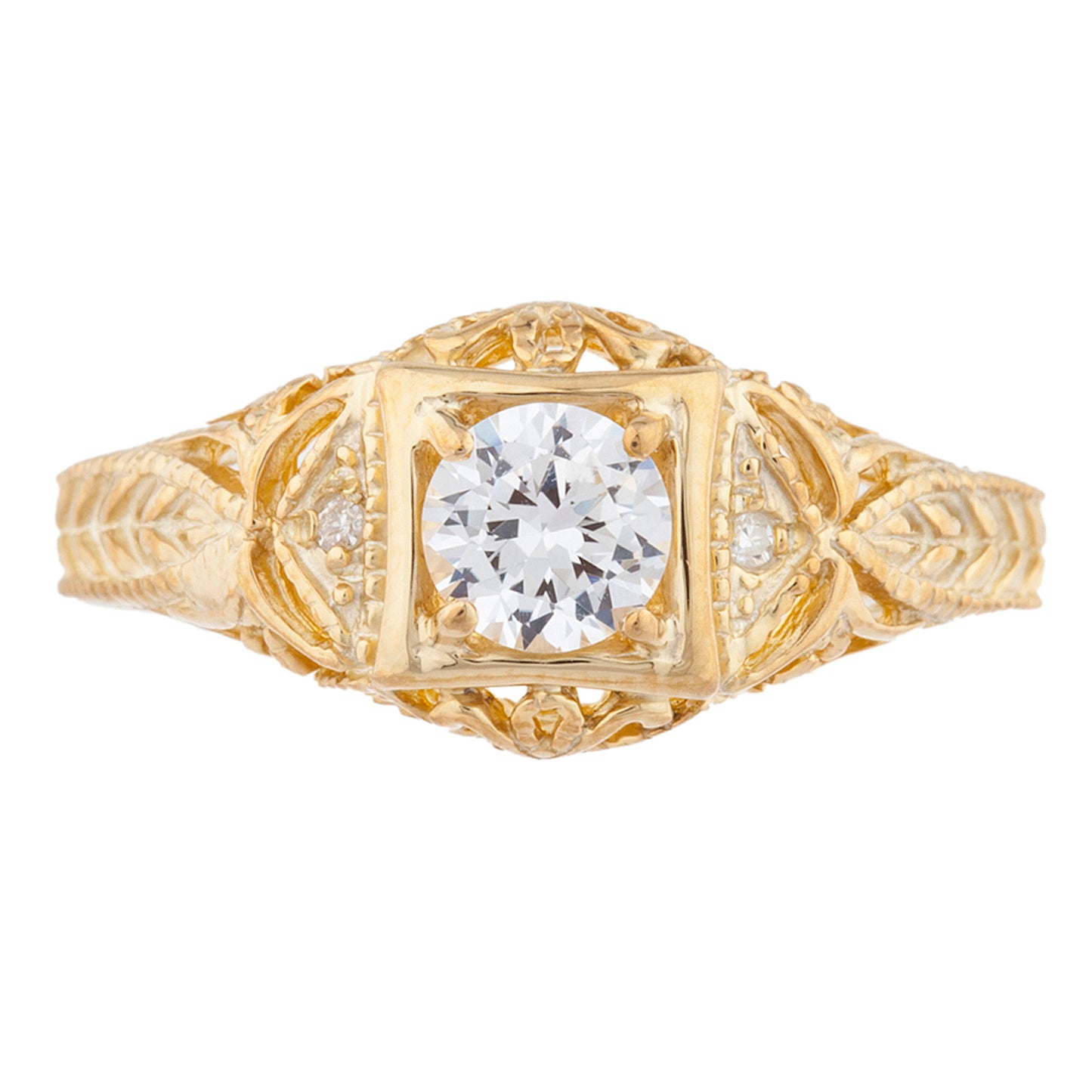 14Kt Gold White Sapphire & Diamond Design Round Ring