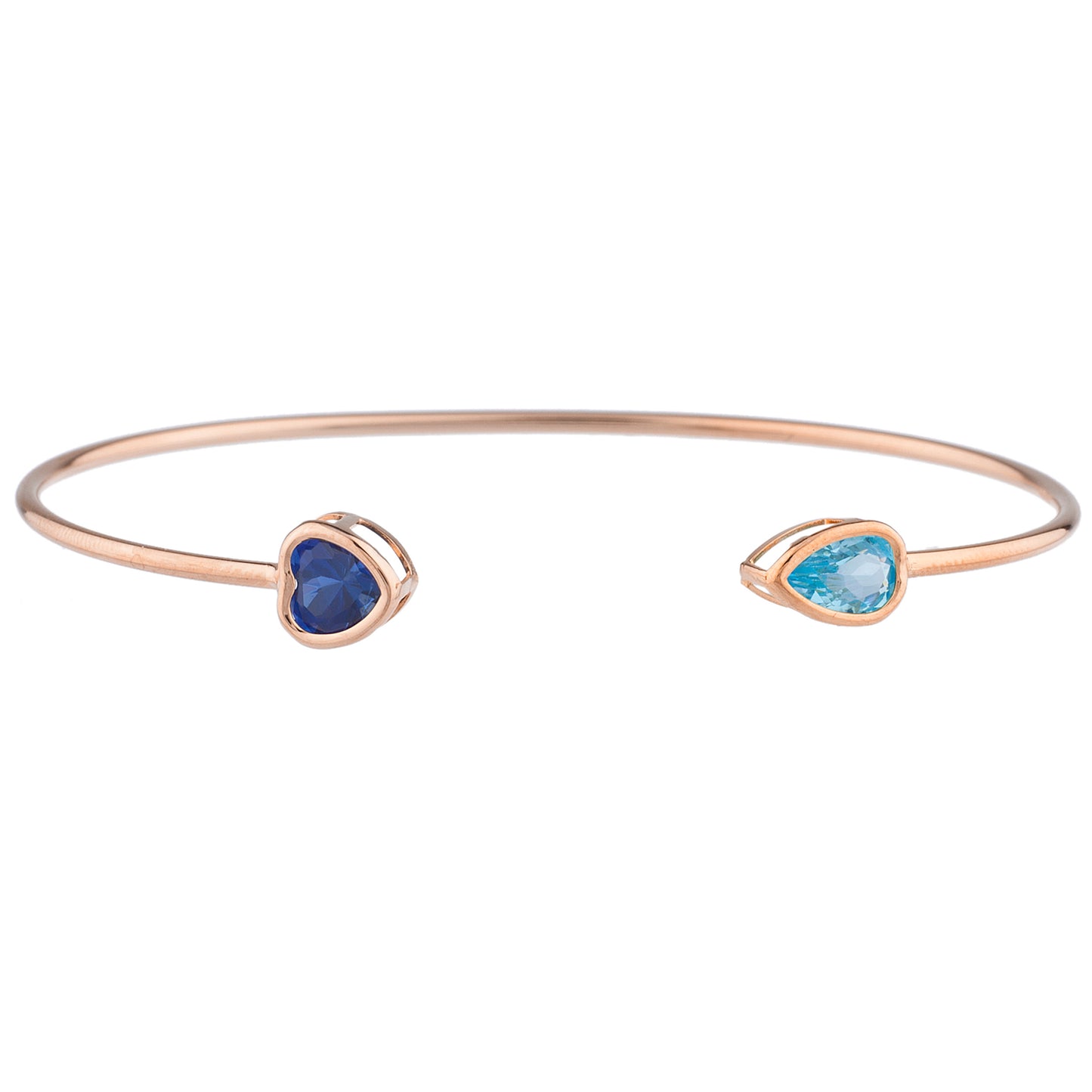 14Kt Gold Blue Sapphire Heart & Blue Topaz Pear Bezel Bangle Bracelet