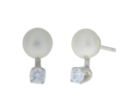 3mm Zirconia & White Pearl Stud Earrings .925 Sterling Silver