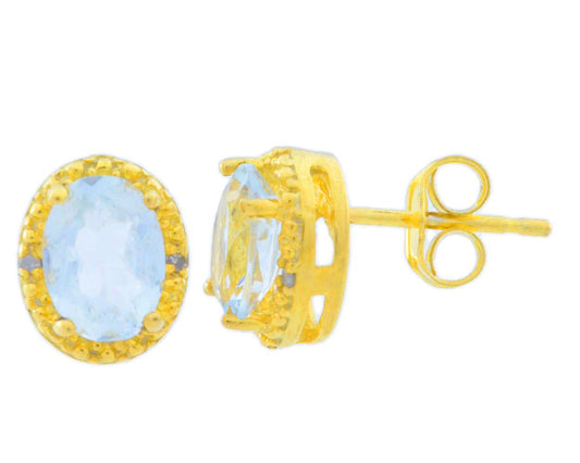 2 Ct Aquamarine & Diamond Oval Stud Earrings 14Kt Yellow Gold Plated