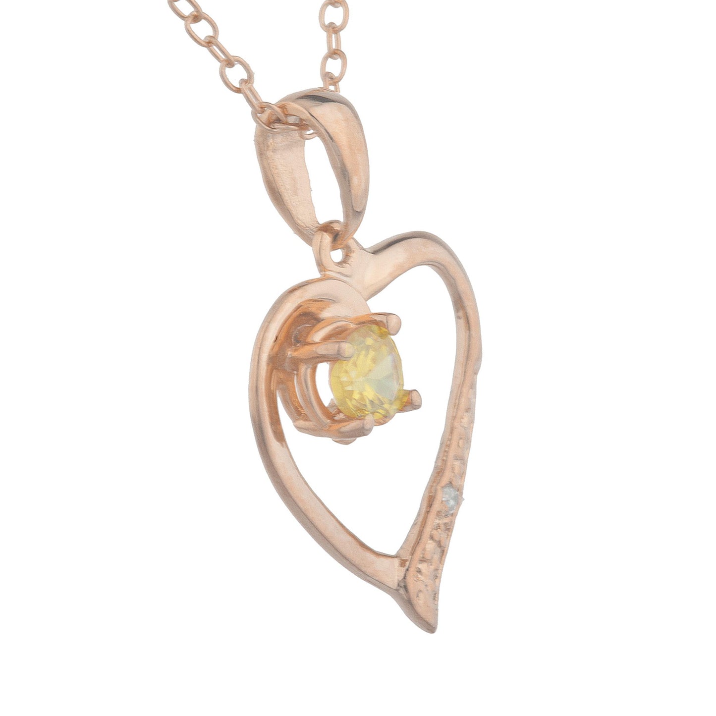 14Kt Rose Gold Plated Yellow Citrine & Diamond Heart Pendant