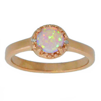 14Kt Rose Gold Plated Pink Opal & Diamond Round Ring