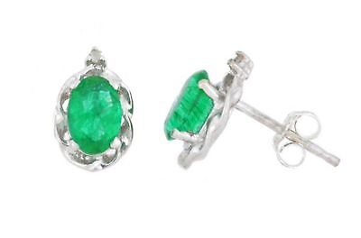 1 Ct Created Emerald & Diamond Oval Stud Earrings .925 Sterling Silver