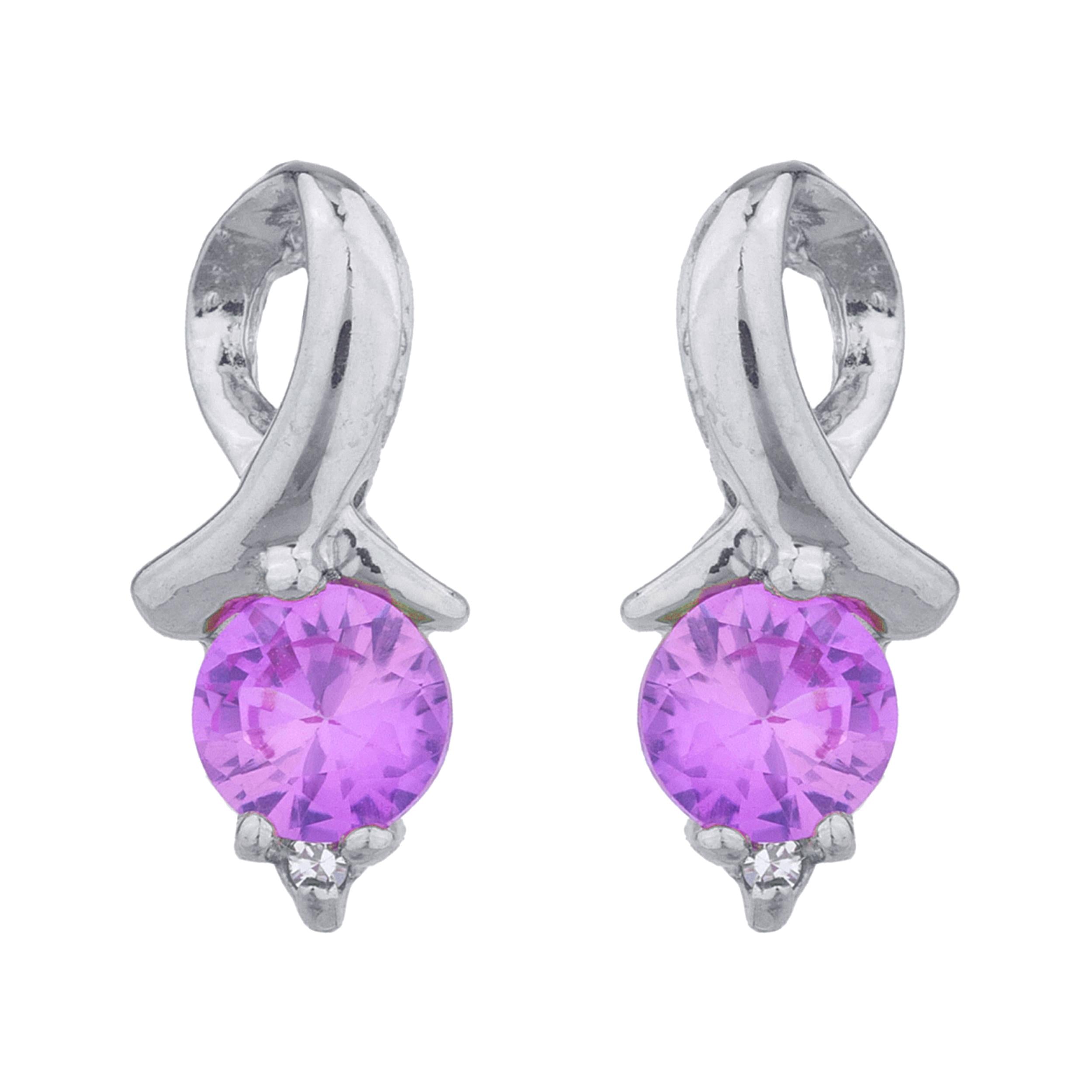 14Kt Gold Pink Sapphire & Diamond Round Design Stud Earrings
