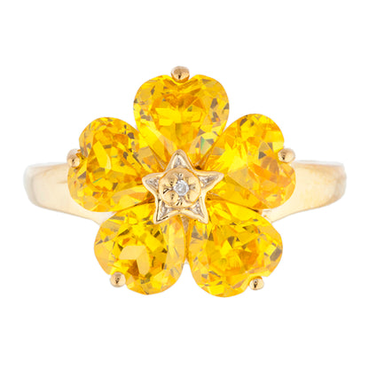 14Kt Gold Yellow Citrine & Diamond Heart Flower Design Ring