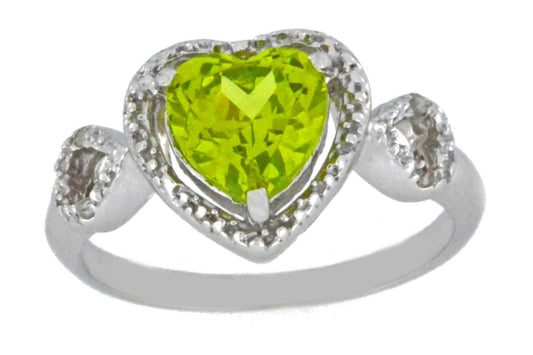 1.5 Ct Peridot & Diamond Heart Ring .925 Sterling Silver Rhodium Finish