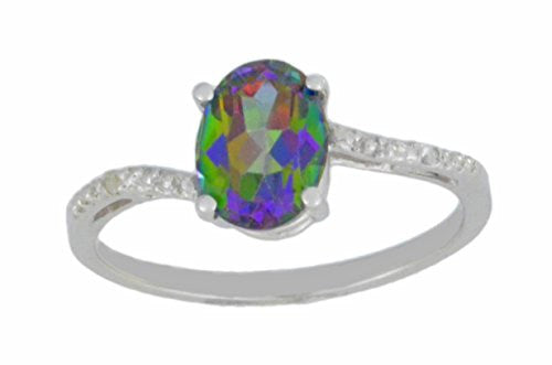 1.5 Ct Genuine Mystic Topaz & Diamond Oval Ring .925 Sterling Silver Rhodium Finish