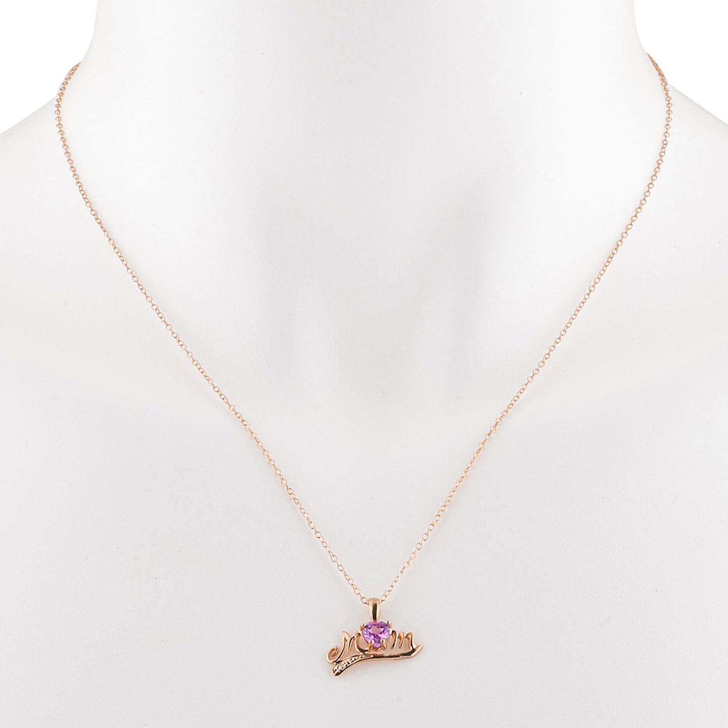 14Kt Gold Pink Sapphire & Diamond Heart Mom Pendant Necklace