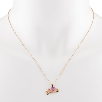 14Kt Gold Pink Sapphire & Diamond Heart Mom Pendant Necklace